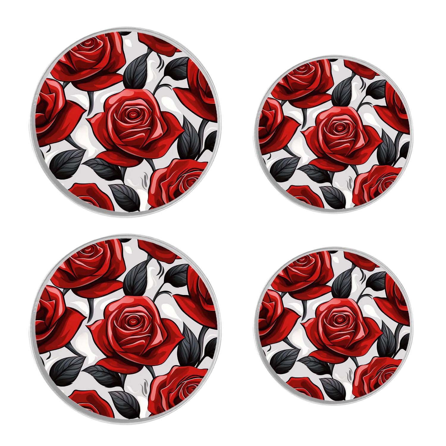 Round Stove Burner Covers 4 Pcs for Home Decor Cooktop Decorative ,Red Rose Flowers colorful, Metal Round Stove Burner Covers 8Inch And 10Inch