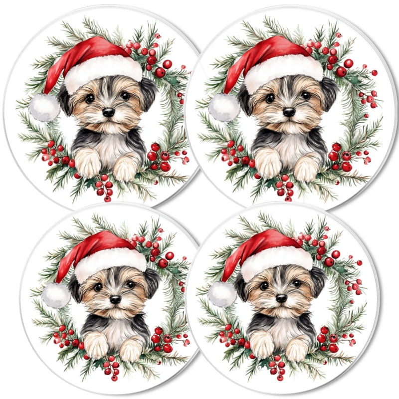 Round Stove Burner Covers for Electric Stove, Christmas Cute Wreath Fluffy Dog Mental Easy to Clean Gas Stove Burner Covers Set of 4 for Kitchen Cooktop Decor, 8 Inches and 10 Inches