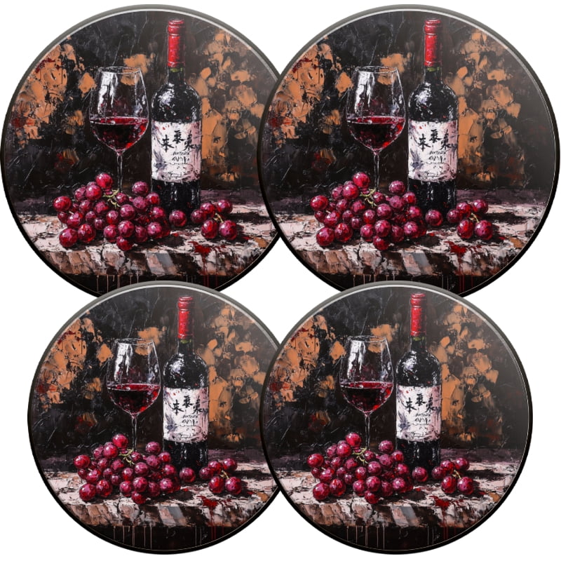 Round Stove Burner Covers Set of 4, Retro Wine and Grapes Pattern Easy to Clean Kitchen Decorative Gas Stove Burner Covers, 8 Inches and 10 Inches