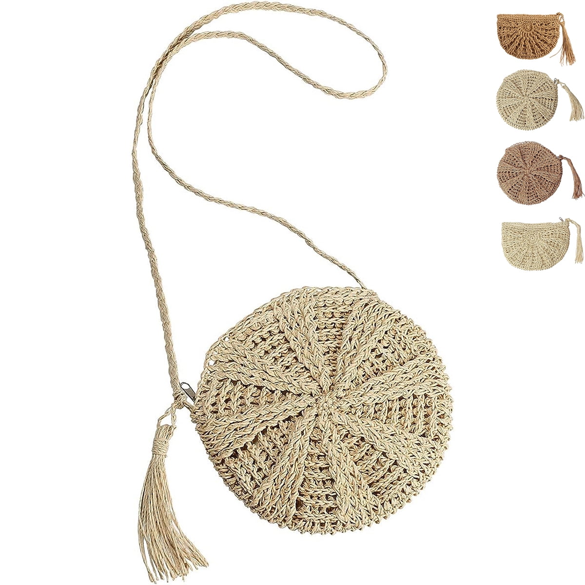 Round Straw Crossbody Bag Weave Shoulder Bag Summer Beach Purse for Women (Khaki1)