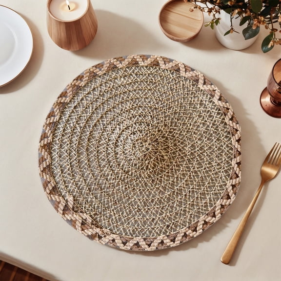 Round Straw Weave Placemat | Hollow-Out Design | Washable & Heat-Resistant Table Mat for Dining & Decor | Natural Beige Color
