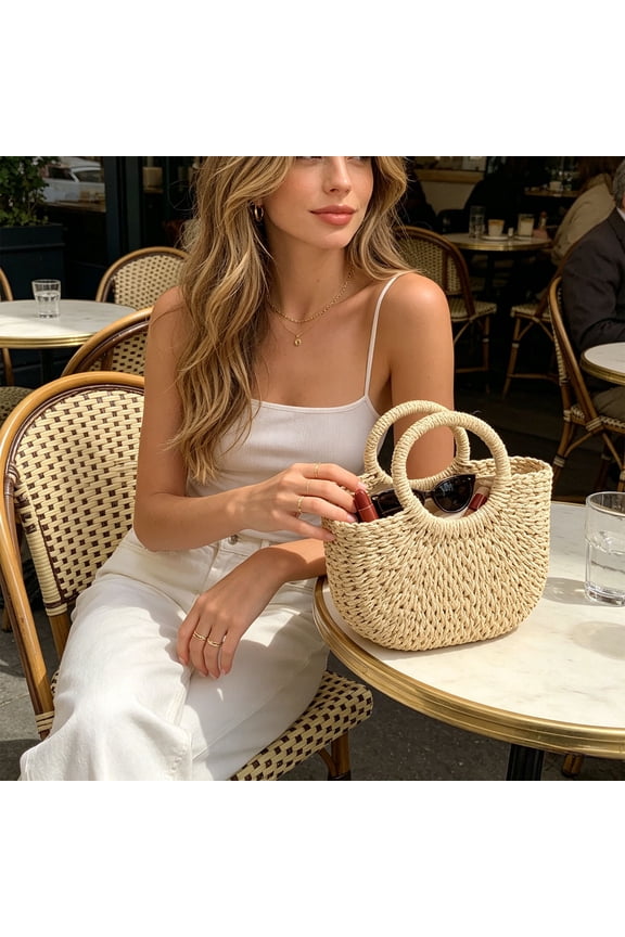 Round Straw Woven Crossbody Bag 9.45 Inch Boho Rattan Handbag for Summer Beach and Travel