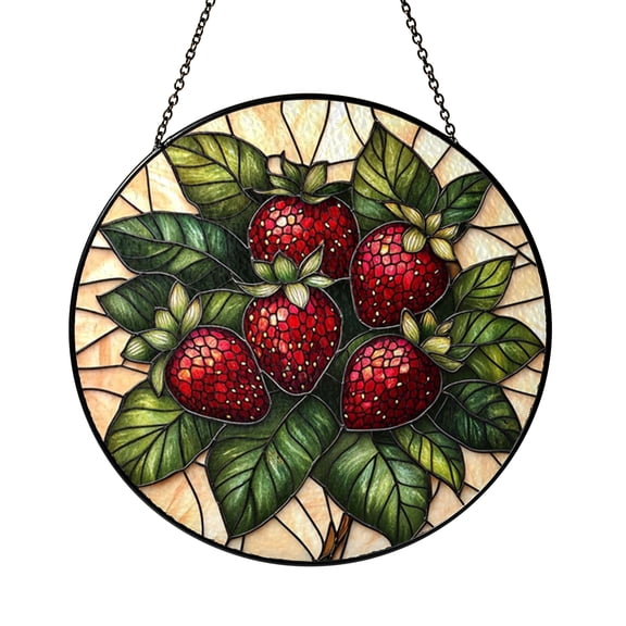 Round Strawberry Stained Glass Window Hanging Suncatcher, Decorative Fruit Art Panel Ornament for Kitchen Decor
