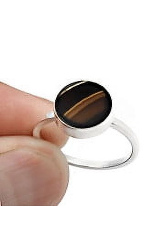 Round Striped Onyx Stone Solid 925 Silver Artisan Band Wife Trendy Bezel Ring Size 8