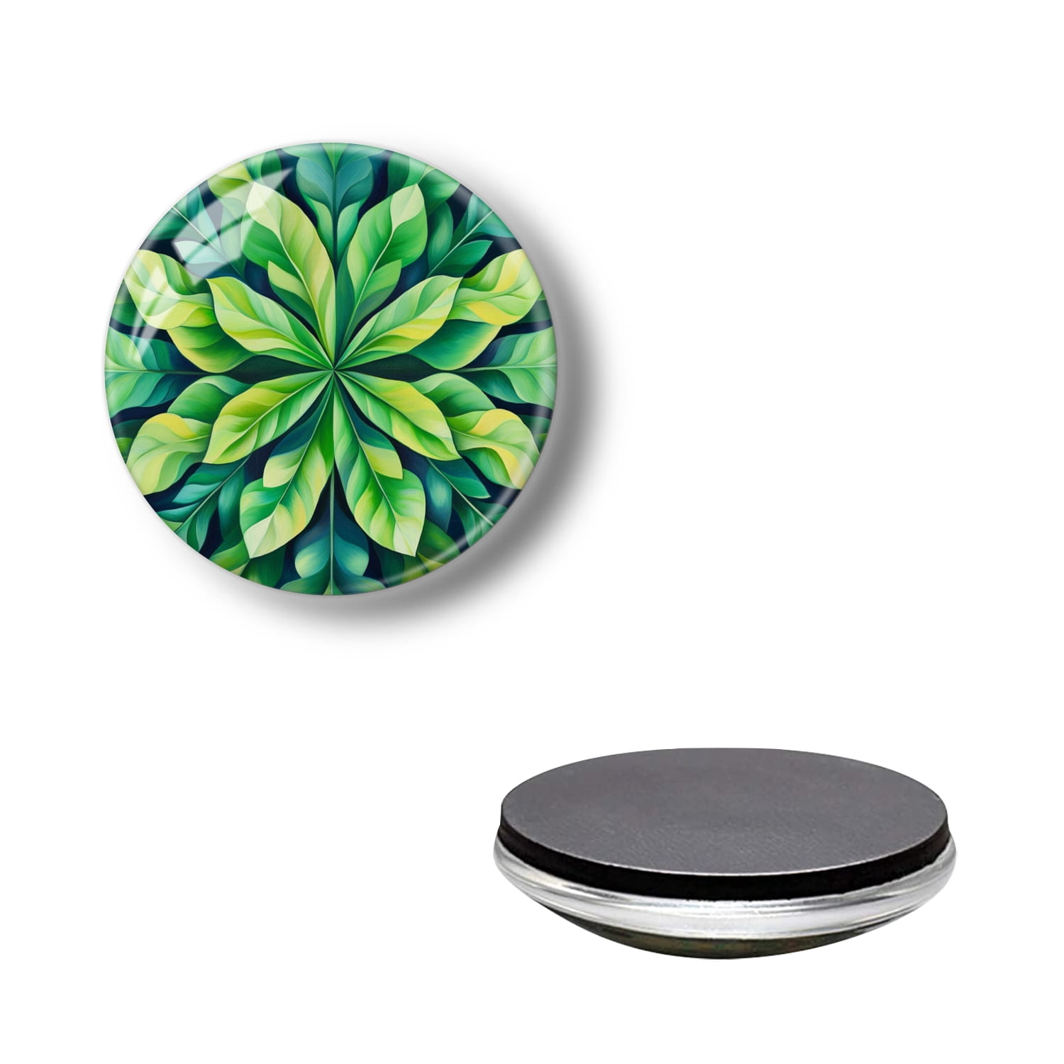Round Strong Magnetic Glass Refrigerator Magnets, Green Leaves Mandala