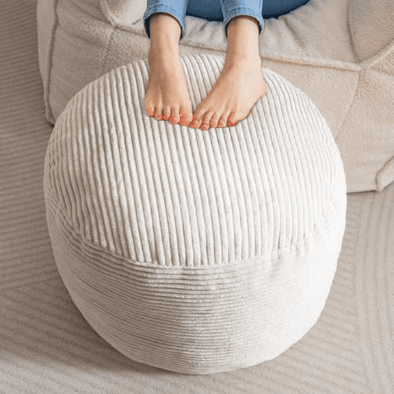 Round Stuffed Pouf , Corduroy Poufs with Foam Chunk Filling, Furry and Fluffy Pouf Foot Stool Storage , 20 X 15 Floor Poufs Foot Rest for Living Room, Beige