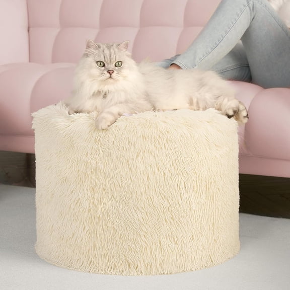 Round Stuffed Pouf Ottoman 17 x 14, Foam Filled Faux Fur Ottoman Foot Rest for Chair with Washable Cover, Foot Stools Under Desk for Living Room & Bedroom, Beige