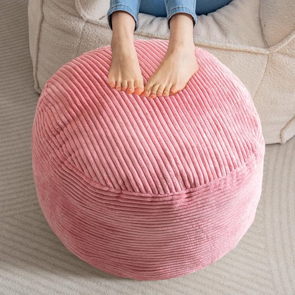 Round Stuffed Pouf Ottoman, Corduroy Poufs with Chunk Filling, Furry and Fluffy Pouf Foot Stool Storage Ottoman, 20 X 15 Floor Poufs Foot Rest for Living Room,