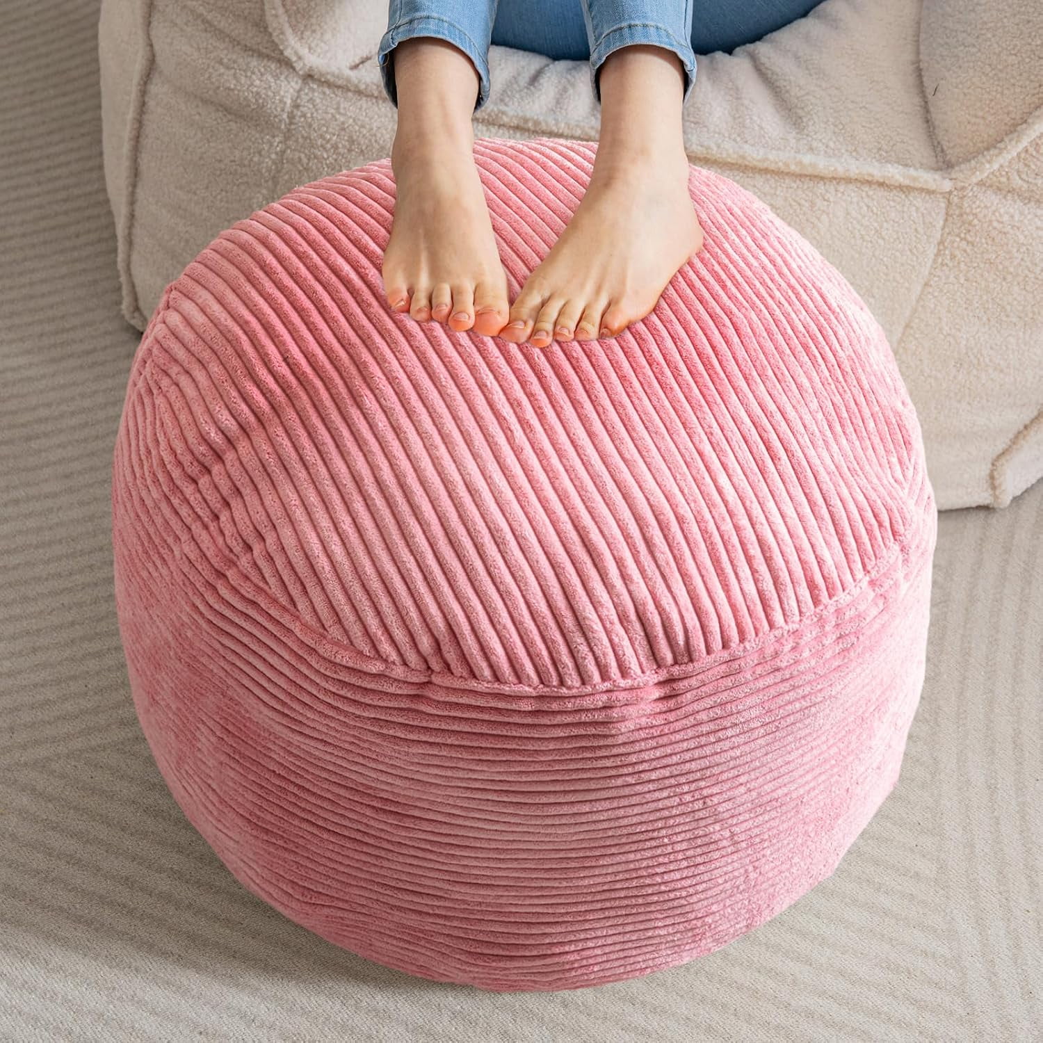 Round Stuffed Pouf Ottoman, Corduroy Poufs with Foam Chunk Filling ...
