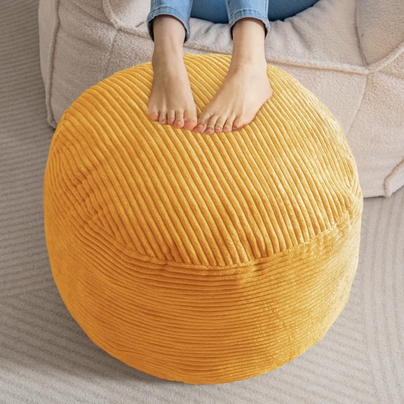 Round Stuffed Pouf Ottoman, Corduroy Poufs with Foam Chunk Filling, Furry and Fluffy Pouf Foot Stool Storage Ottoman, 20 X 15 Floor Poufs Foot Rest for Living Room, Beige