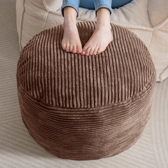 Round Stuffed Pouf Ottoman, Corduroy Poufs with Foam Chunk Filling, Furry and Fluffy Pouf Foot Stool Storage Ottoman, 20 X 15 Floor Poufs Foot Rest for Living Room, Brown