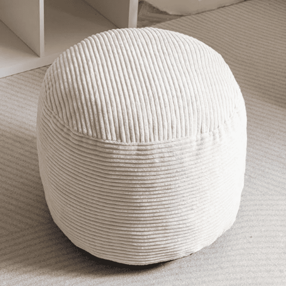 Round Stuffed Pouf Ottoman, Corduroy Poufs with Foam Chunk Filling, Furry and Fluffy Pouf Foot Stool Storage Ottoman, 20 X 15 Floor Poufs Foot Rest for Living Room, Beige