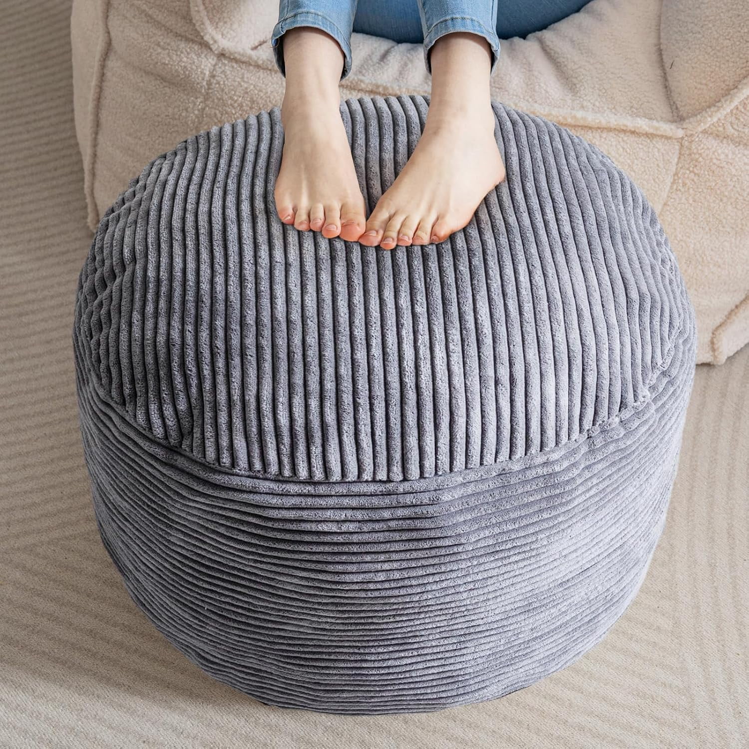 Round Stuffed Pouf Ottoman, Corduroy Poufs with Foam Chunk Filling ...