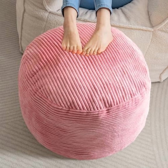 Round Stuffed Pouf Ottoman, Corduroy Poufs with Foam Chunk Filling, Furry and Fluffy Pouf Foot Stool Storage Ottoman, 20 X 15 Floor Poufs Foot Rest for Living Room, Pink