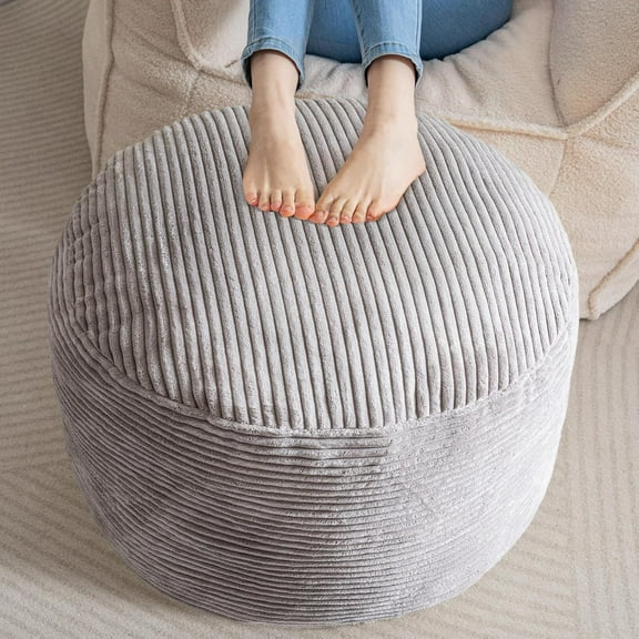 Round Stuffed Pouf Ottoman, Corduroy Poufs with Foam Chunk Filling, Furry and Fluffy Pouf Foot Stool Storage Ottoman, 26 X 18 Floor Poufs Foot Rest for Living Room, Grey