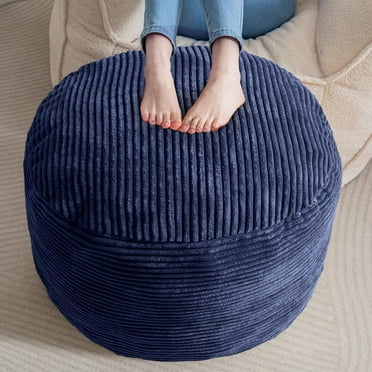 Round Stuffed Pouf Ottoman, Corduroy Poufs with Foam Chunk Filling, Furry and Fluffy Pouf Foot Stool Storage Ottoman, 26 X 18 Floor Poufs Foot Rest for Living Room, Navy