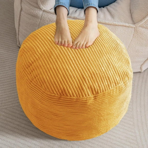 Round Stuffed Pouf Ottoman, Corduroy Poufs with Foam Chunk Filling, Furry and Fluffy Pouf Foot Stool Storage Ottoman, 26 X 18 Floor Poufs Foot Rest for Living Room, Orange