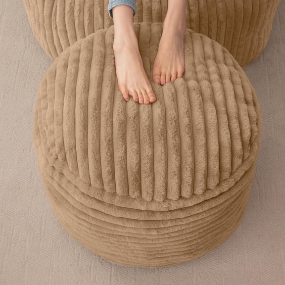 Round Stuffed Pouf Ottoman, Corduroy Poufs with High-Density Foam Filling, Furry and Fluffy Pouf Foot Stool Storage Ottoman, 20 X 15 Floor Poufs Foot Rest for Living Room, Brown