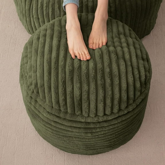 Round Stuffed Pouf Ottoman, Corduroy Poufs with High-Density Foam Filling, Furry and Fluffy Pouf Foot Stool Storage Ottoman, 20 X 15 Floor Poufs Foot Rest for Living Room, Green