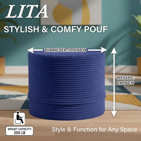 Round Stuffed Pouf Ottoman, Corduroy Poufs with High-Density Foam Filling and Washable Cover, Furry and Fluffy Bean Bag Foot Stools Ottoman for Living Room, Bedroom, Office, Navy Blue
