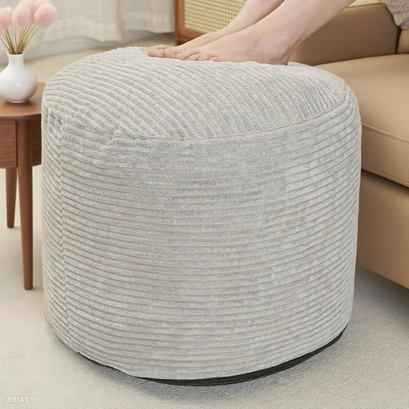 Round Stuffed Pouf Ottoman for Foot Rest,Corduroy Poufs with Foam Chunk Filling, Furry and Fluffy Pouf Foot Stool Storage Ottoman, 20 X 15 Floor Poufs Foot Rest for Living Room, Grey
