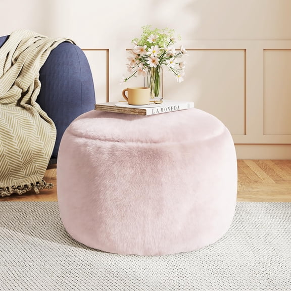 Round Stuffed Pouf Ottoman Foot Rest, Faux Fur Poufs with Memory Foam Filling, Ottomans for Living Room, Nursery, Dorm, Soft Foot Stool Ottoman for Couch, Perfect for Resting Your Feet