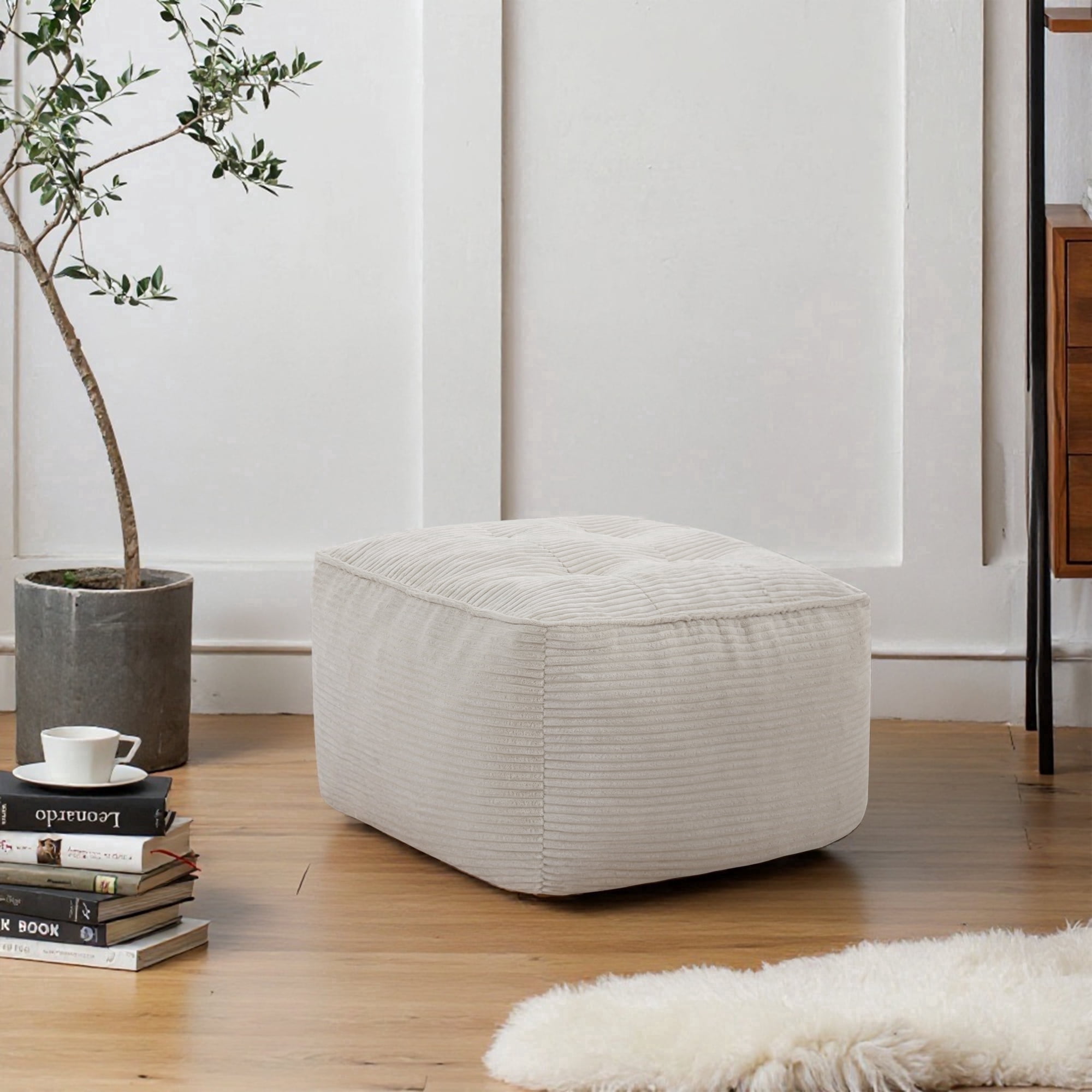 Square Pouf Ottoman Foot Rest, Soft Corduroy Pouf Foot Stool Cushion with Foam Chunk Filling, 26 x 26 x 13 Inch Floor Chair for Living Room, Bedroom & Home Decor,Beige
