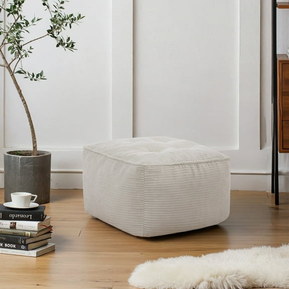Round Stuffed Pouf Ottoman for Foot Rest,Ottoman Pouf Foot Stool Cushion,Corduroy Poufs with Foam Chunk Filling, 26 X 26 X13 Inch Floor Chair for Living Room Bedroom Home Decor,beige