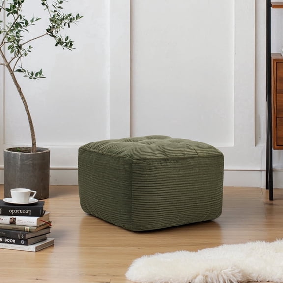 Square Pouf Ottoman Foot Rest, Soft Corduroy Pouf Foot Stool Cushion with Foam Chunk Filling, 26 x 26 x 13 Inch Floor Chair for Living Room, Bedroom & Home Decor, Green