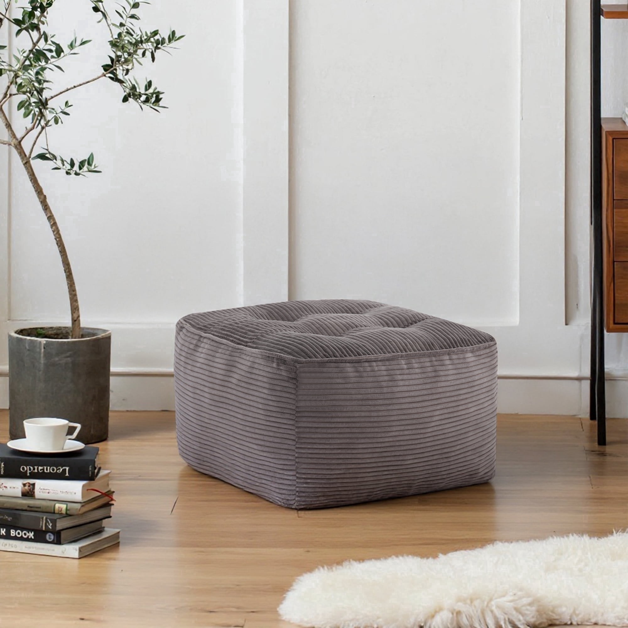 Square Stuffed Pouf Ottoman Foot Rest, Soft Corduroy Pouf Foot Stool Cushion with Foam Chunk Filling, 26 x 26 x 13 Inch Floor Chair for Living Room, Bedroom & Home Decor,Dark Gray