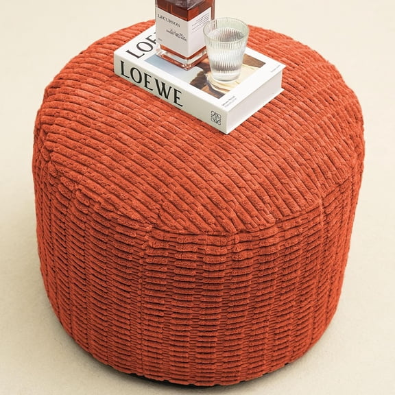 Round Stuffed Pouf Ottoman for Foot Rest, Storage Ottoman Pouf Foot Stool Cushion, Faux Fur Poufs with Foam Chunk Filling, 20 X 15 Inch Floor Chair for Living Room Bedroom Home Decor, Coral Orange