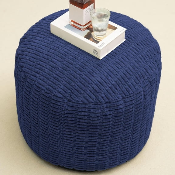 Round Stuffed Pouf Ottoman for Foot Rest, Storage Ottoman Pouf Foot Stool Cushion, Faux Fur Poufs with Foam Chunk Filling, 20 X 15 Inch Floor Chair for Living Room Bedroom Home Decor, Navy Blue