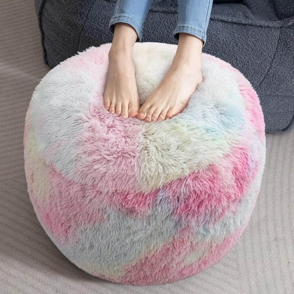 Round Stuffed Pouf Ottoman, Long Faux Fur Poufs with Foam Chunk Filling, Fluffy and Furry Pouf Foot Stool Storage Ottoman, 20 X 15 Floor Poufs Foot Rest for Living Room, Rainbow