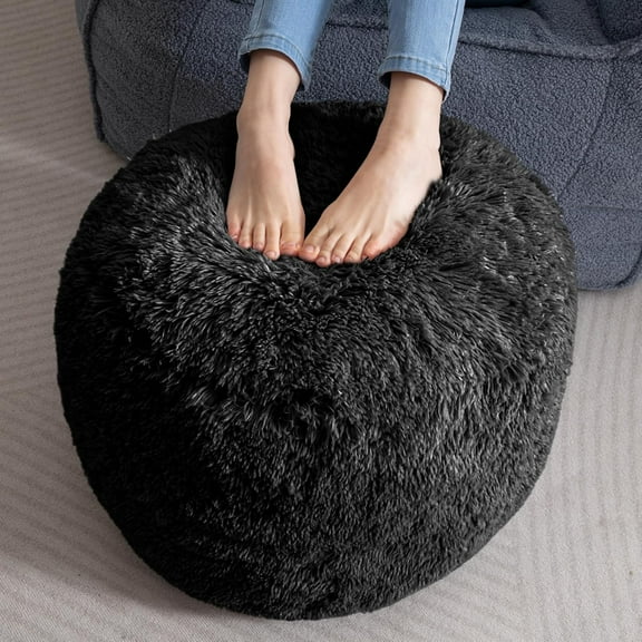 Round Stuffed Pouf Ottoman, Long Faux Fur Poufs with Foam Chunk Filling, Fluffy and Furry Pouf Foot Stool Storage Ottoman, 20 X 15 Floor Poufs Foot Rest for Living Room, Black