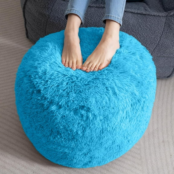 Round Stuffed Pouf Ottoman, Long Faux Fur Poufs with Foam Chunk Filling, Fluffy and Furry Pouf Foot Stool Storage Ottoman, 20 X 15 Floor Poufs Foot Rest for Living Room, Blue