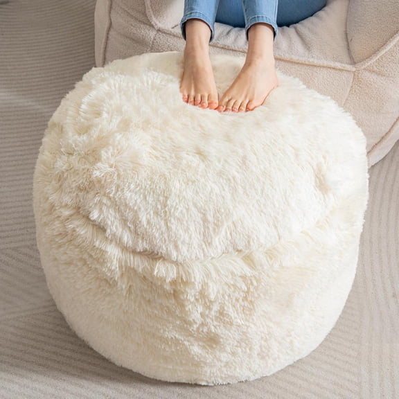Round Stuffed Pouf Ottoman, Long Faux Fur Poufs with Foam Chunk Filling, Fluffy and Furry Pouf Foot Stool Storage Ottoman, 26 X 18 Floor Poufs Foot Rest for Living Room, White