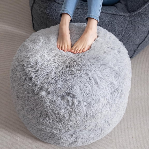 Round Stuffed Pouf Ottoman, Long Faux Fur Poufs with Foam Chunk Filling, Fluffy and Furry Pouf Foot Stool Storage Ottoman, 26 X 18 Floor Poufs Foot Rest for Living Room, Light Grey