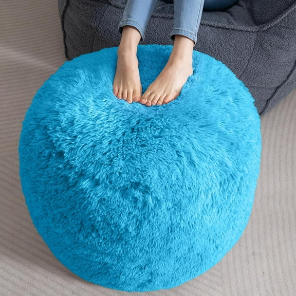 Round Stuffed Pouf Ottoman, Long Faux Fur Poufs with Foam Chunk Filling, Fluffy and Furry Pouf Foot Stool Storage Ottoman, 26 X 18 Floor Poufs Foot Rest for Living Room, Blue