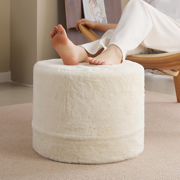 Cream Round Plush Pouf Ottoman, Foam Filled Foot Rest Stool for Living Room
