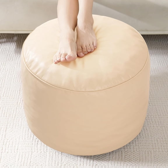 Round Stuffed Pouf Ottoman, Pu Leather Poufs with Foam Chunk Filling, Furry and Fluffy Pouf Foot Stool Storage Ottoman, 20 X 15 Floor Poufs Foot Rest for Living Room, Beige