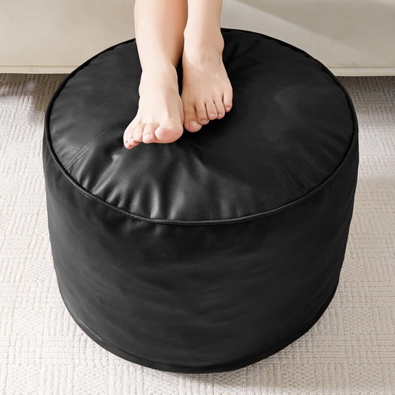 Round Stuffed Pouf Ottoman, Pu Leather Poufs with Foam Chunk Filling, Furry and Fluffy Pouf Foot Stool Storage Ottoman, 20 X 15 Floor Poufs Foot Rest for Living Room, Black