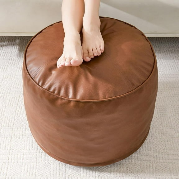 Round Stuffed Pouf Ottoman, Pu Leather Poufs with Foam Chunk Filling, Furry and Fluffy Foot Stool Storage 20 X 15 Floor Rest for Living Room,Brown