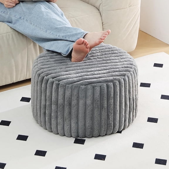 Round Stuffed Pouf Ottoman, Stripe Faux Fur Poufs with Foam Chunk Filling, Furry and Fluffy Pouf 21×21×12 inch Foot Stool Storage Ottoman,Puff Office Foot Rest for Couch Living Room, Grey
