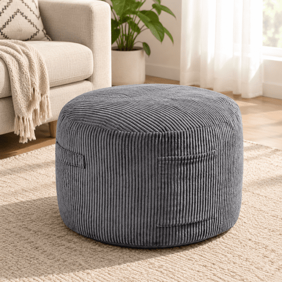 Round Stuffed Pouf Ottoman (gray 26" D X W 18" H)