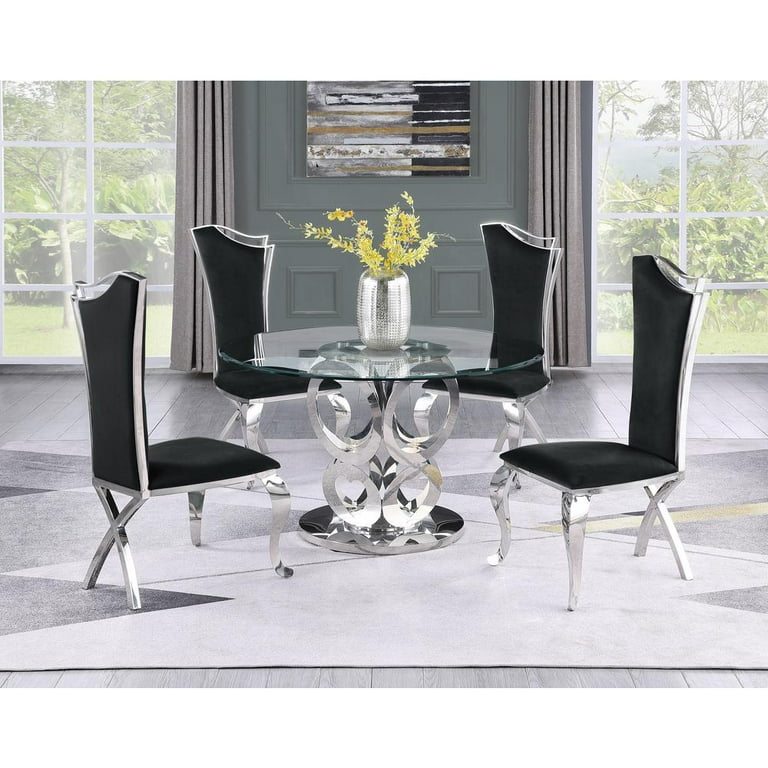 Round Style 5pc Glass Dining Set Stainless Steel Chairs in Black