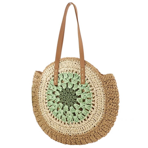 Round Summer Straw Bag Beach Shoulder Bag Vacation Bag for Women (Green)