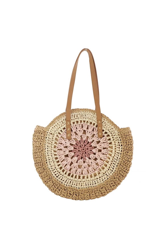 Round Summer Straw Bag for Women, Handwoven Beach Shoulder Bag, Lightweight Holiday Travel Handbag (Pink)