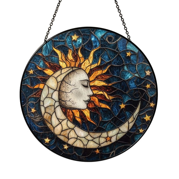 Round Sun Moon Stained Glass Window Hanging Featuring Cosmic Balance Art, Sleeping Moon Face, Shining Stars, and Celestial Style