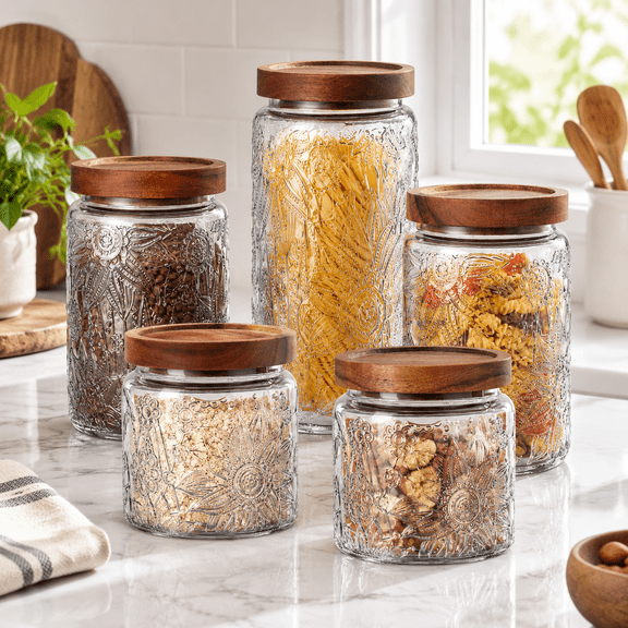 Round Sunflower Glass Food Storage Canister Set with Airtight Lids, 5-Piece