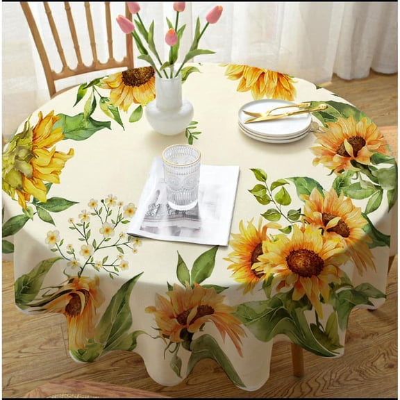Round Sunflower Tablecloth 60x60inch Waterproof Floral Tablecloths,Rustic Flower Tablecloth Farmhouse Washable Polyester Table Cloth Wrinkle-Free Table Cover for Dining/Party/Wedding